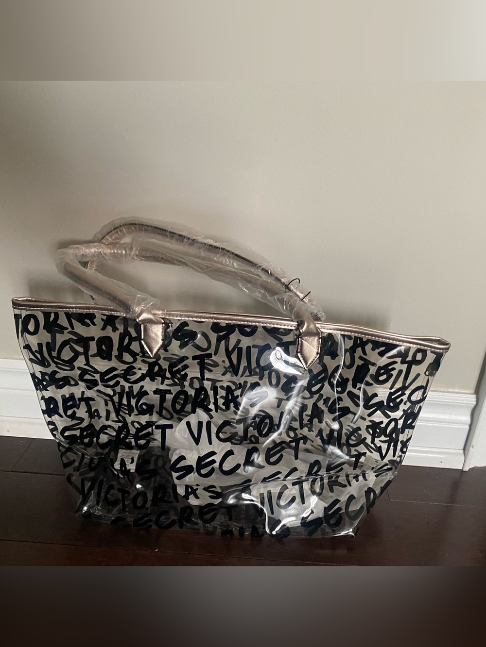 NWT Victoria's Secret Clear Script Tote in Black and Rose Gold